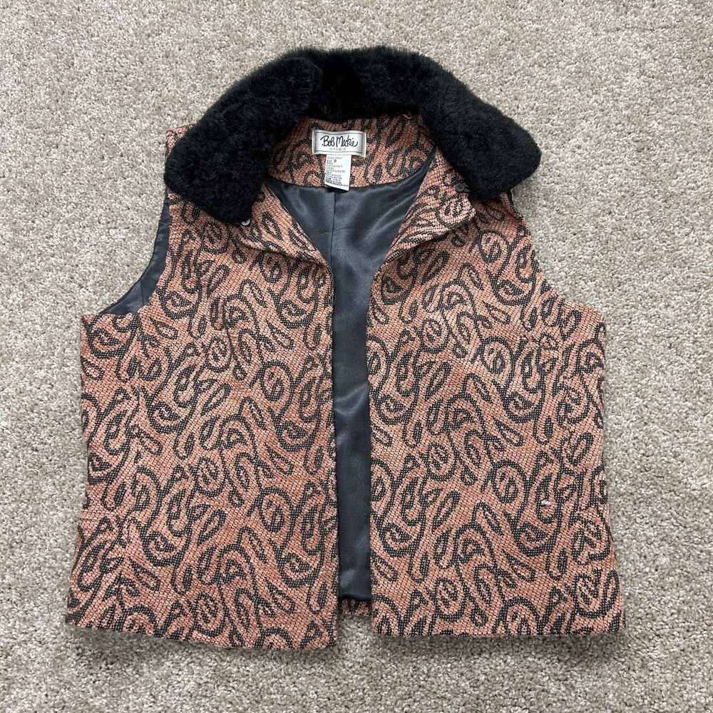 Bob Mackie Studio Vest Womens 8 Pink Paisley Tweed Faux Fur Collar Open Front